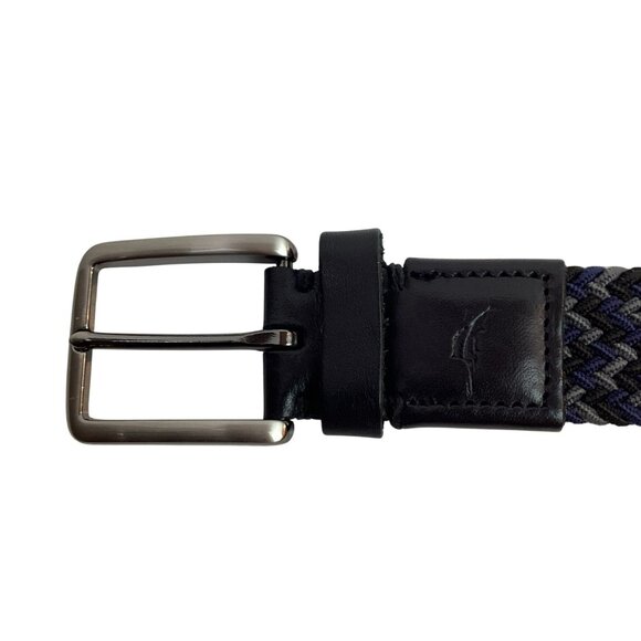Tommy Bahama Mens L/XL Woven Stretch Belt With Leather Trim Black/Blue/Gray NWOT - Picture 2 of 5